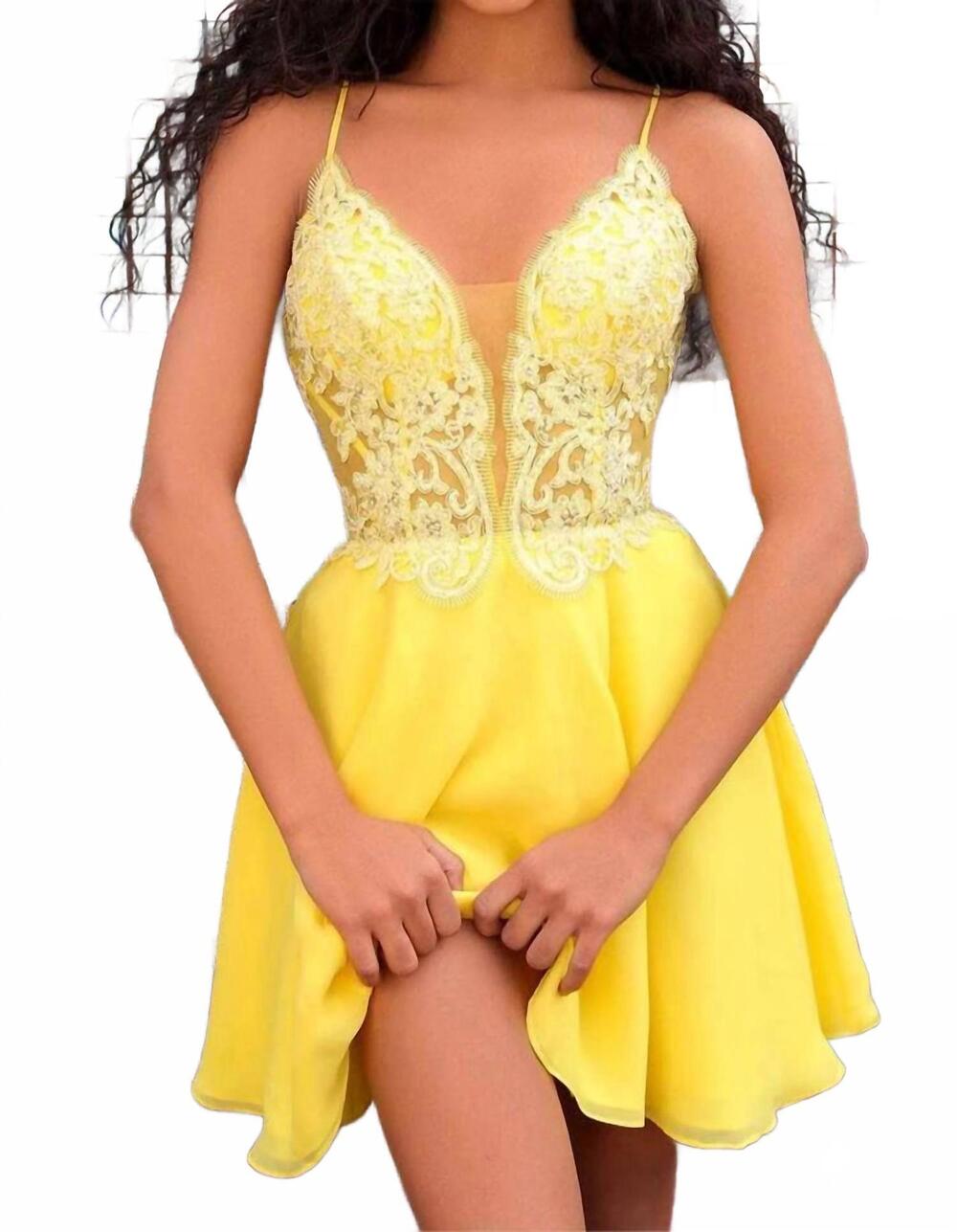 NEW CLARISSE appliqued v-neck chiffon cocktail dress in canary